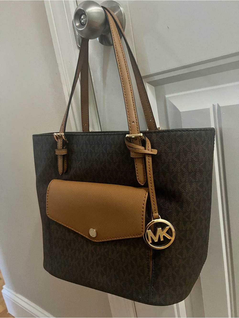Michael Kors Brown Monogram Tote with Tan Front Pocket and Gold Charm
